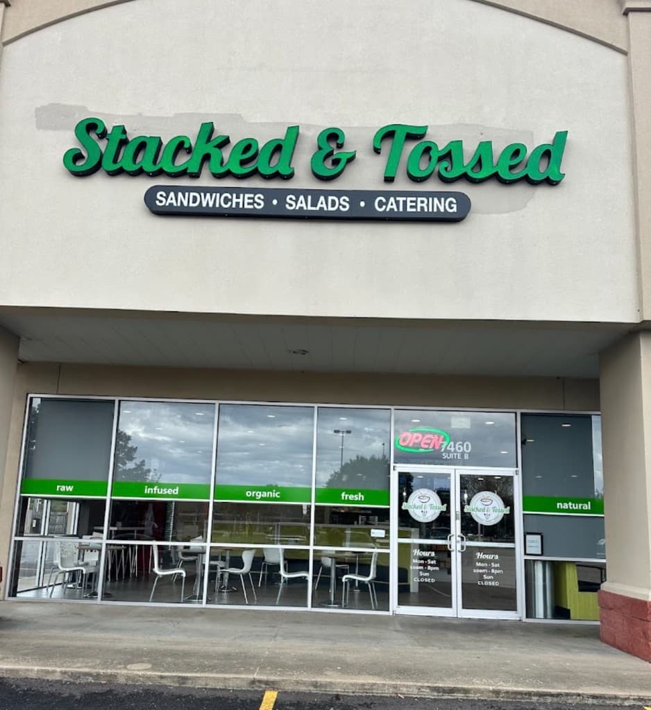 Stacked & Tossed restaurant storefront — SaveOff Tech installation